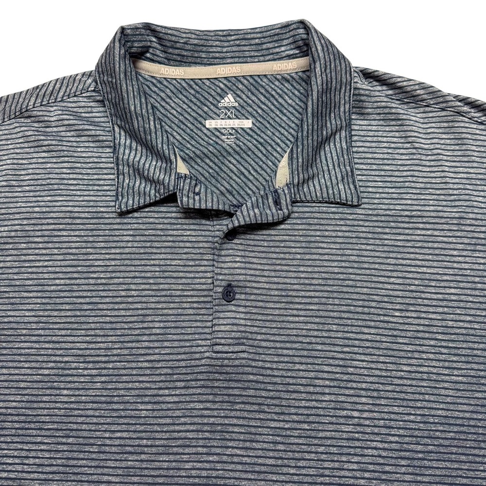 Adidas Golf Polo Shirt Mens 2XL Blue Stripe Moisture Wicking Top Casual